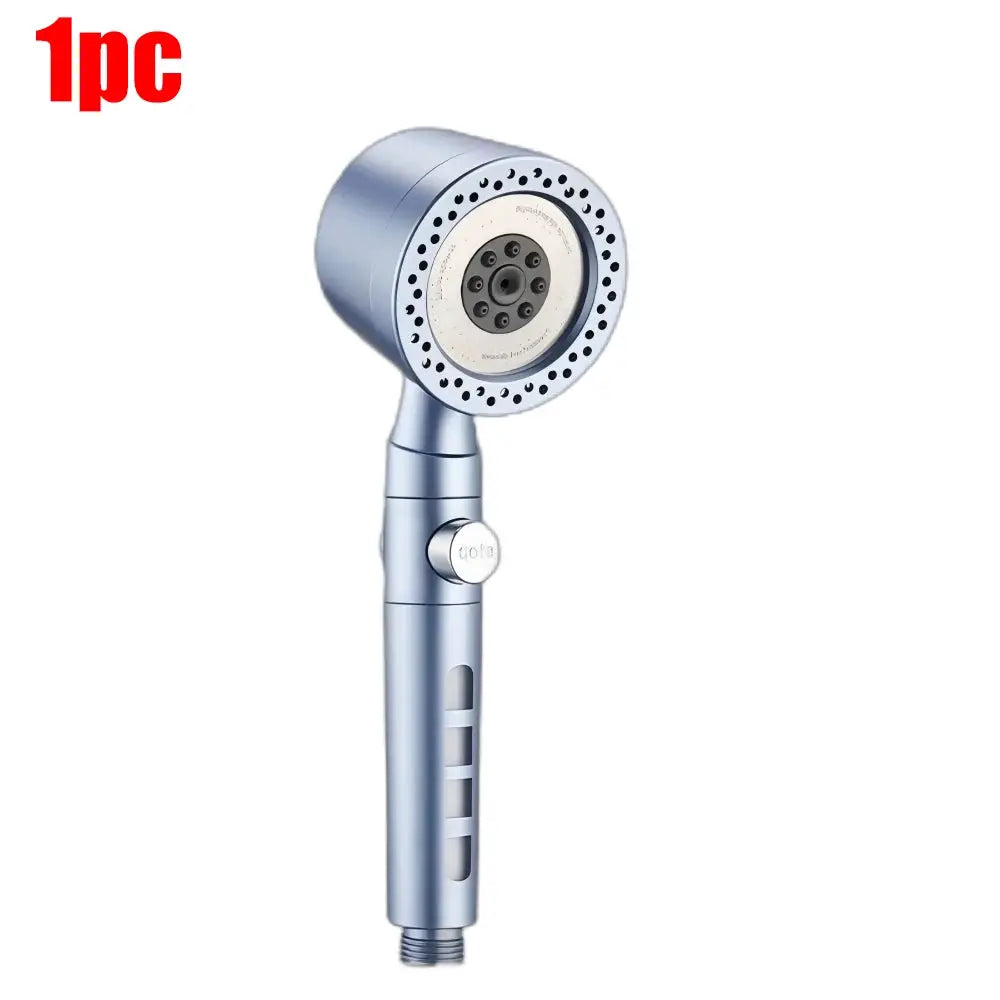 Handheld blue shower head with circular spray face and slotted grip