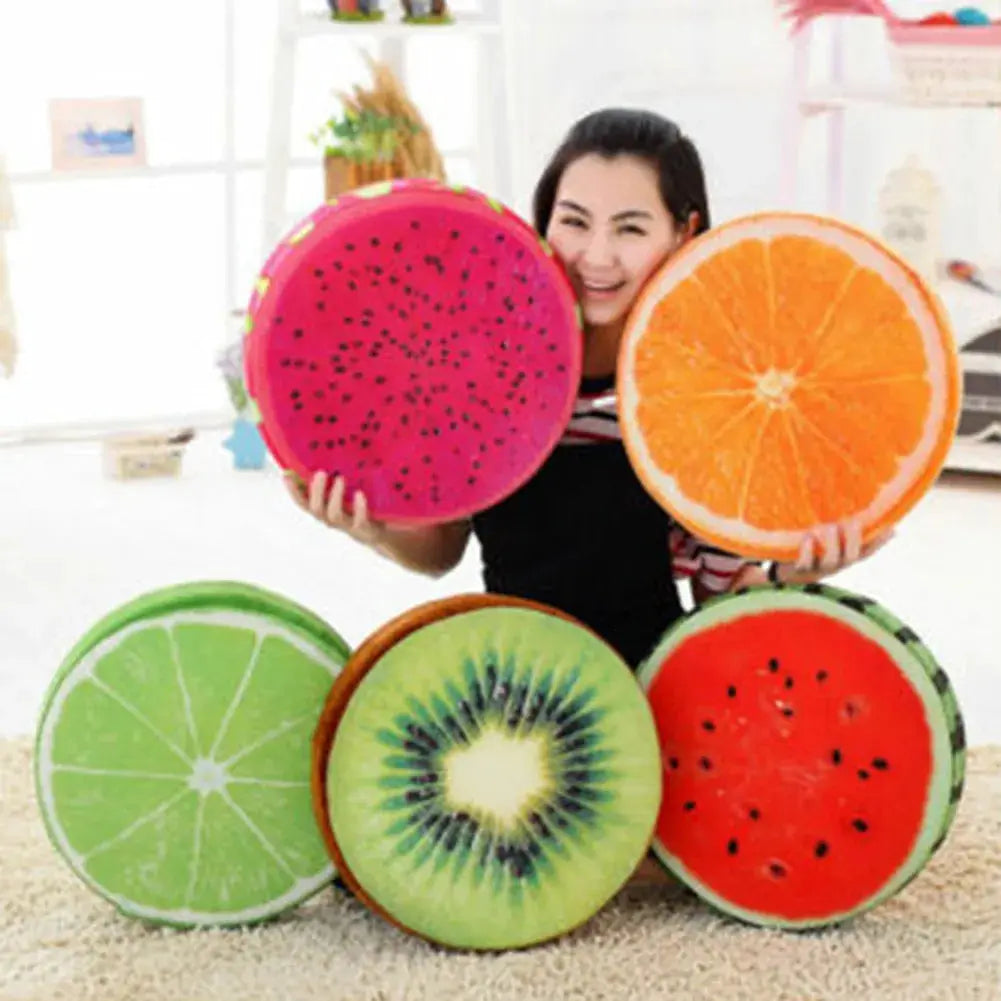 Five round fruit-shaped cushions: watermelon, orange, kiwi, lime and dragon fruit for living room decor