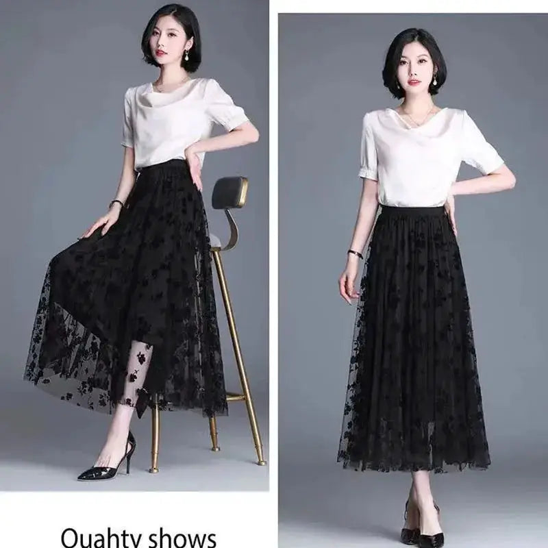LunaGrove Floral Gauze Midi Skirt Breathable Polyester Mesh With Empire Waist Pleated A Line For Spring And Summer
