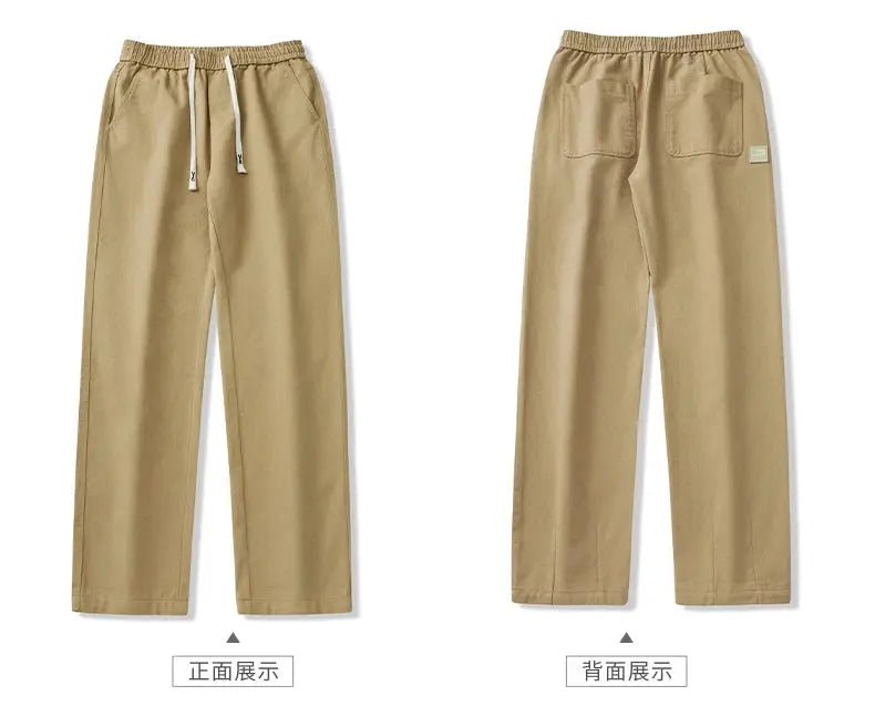 Men's HIQOR tan cotton casual pants with drawstring waist; front and back views, loose wide-leg fit, Simples Market