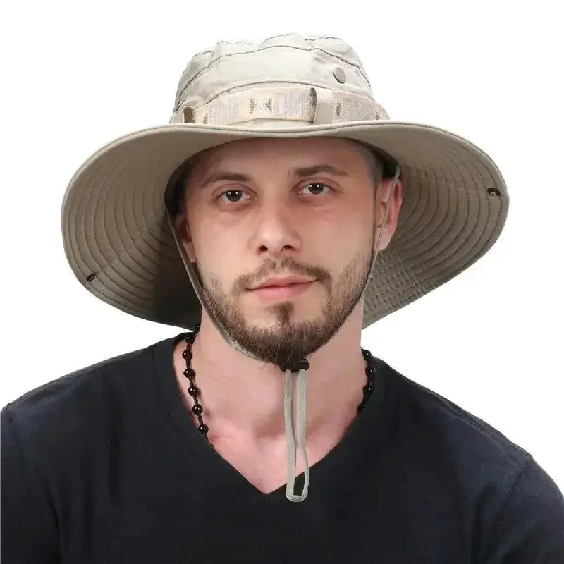 Summer Men Bucket Hat Simples Market with wide beige brim and UV protection