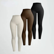 Thread Solid Leggings for Women, seamless knit, high-waist hip-lifting yoga pants in white, brown, and black