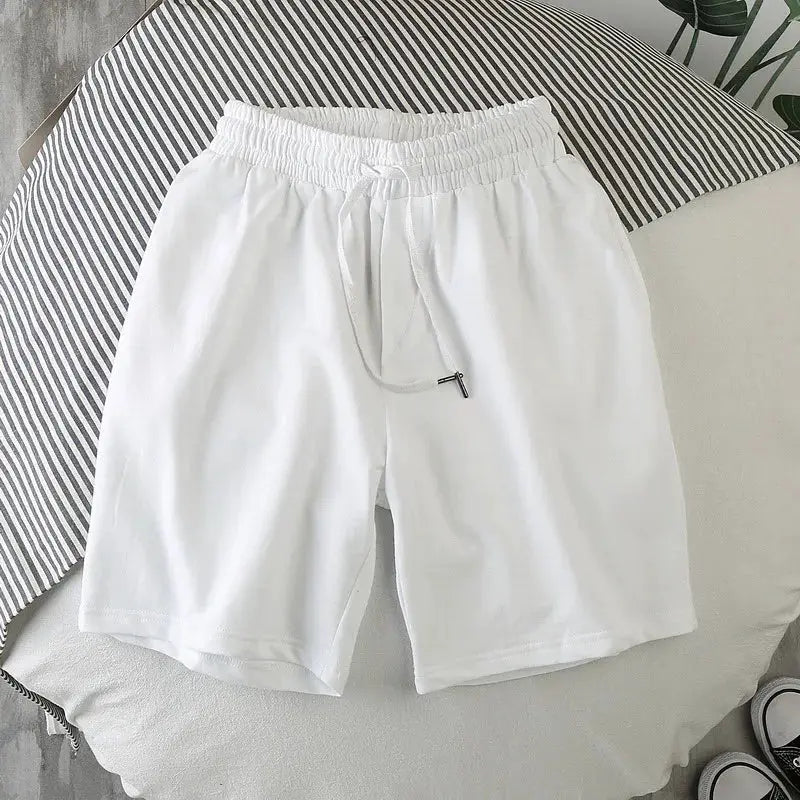 Men's white sports shorts with drawstring, breathable quick-dry polyester fabric