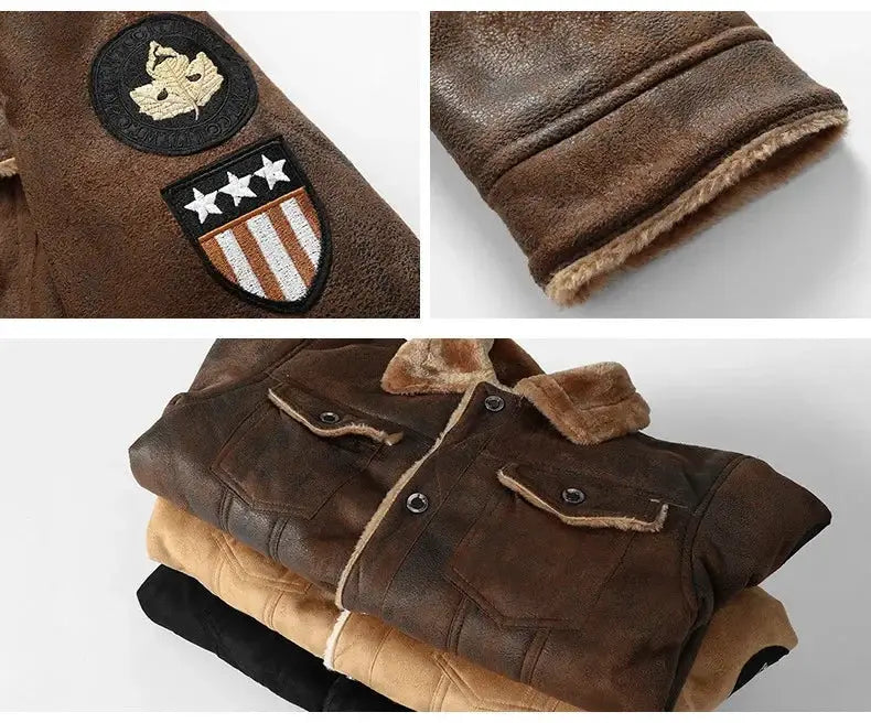 Men's Simples Market leather and fur jacket with shearling trim; brown with patches, three color options shown.