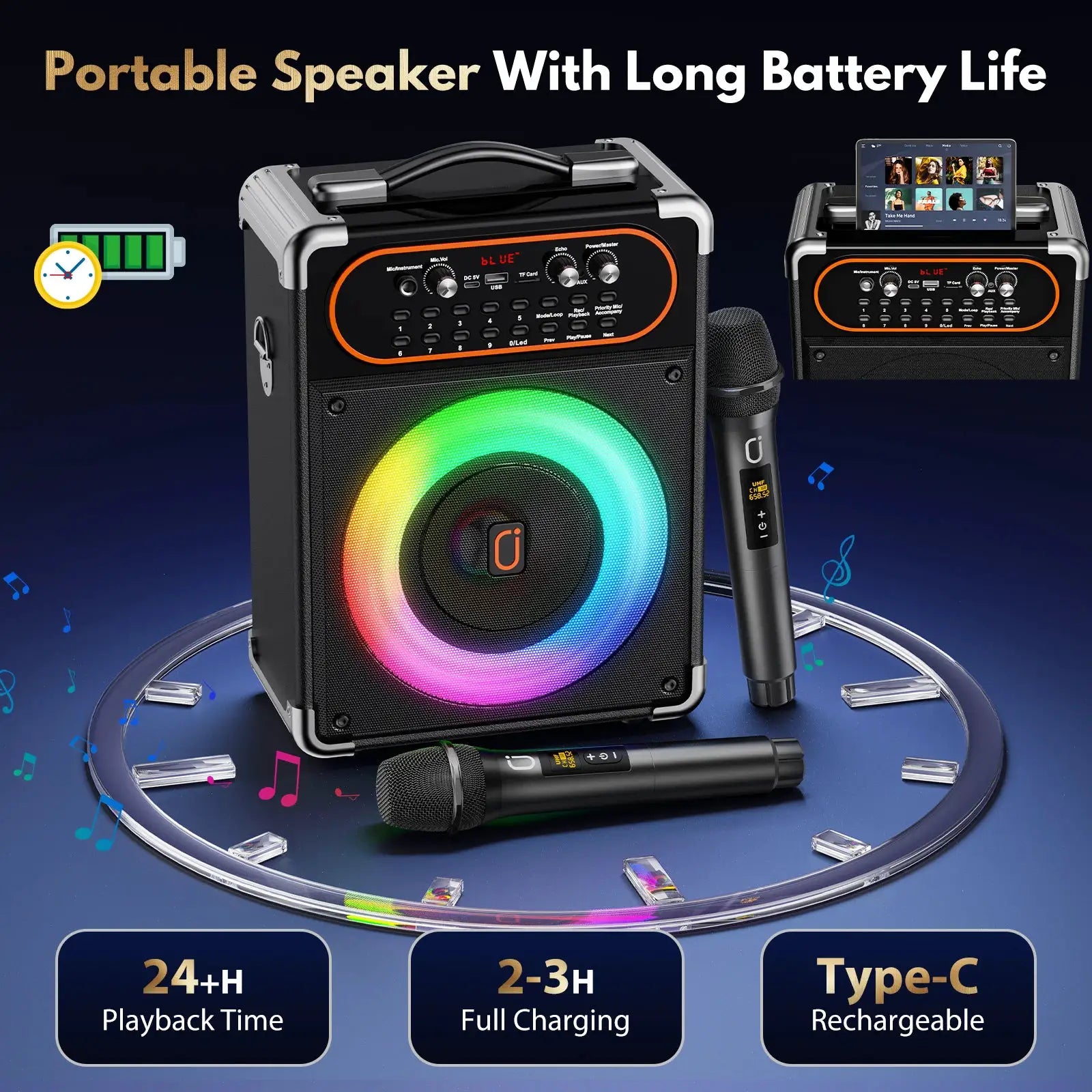 Simples Market S68 Kara Ok portable Bluetooth speaker with 2 microphones, black with orange trim and RGB LED ring