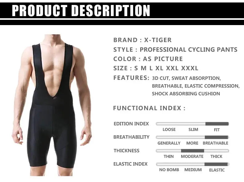 X-TIGER men's cycling bib shorts in black Lycra with 5D Coolmax gel pad.