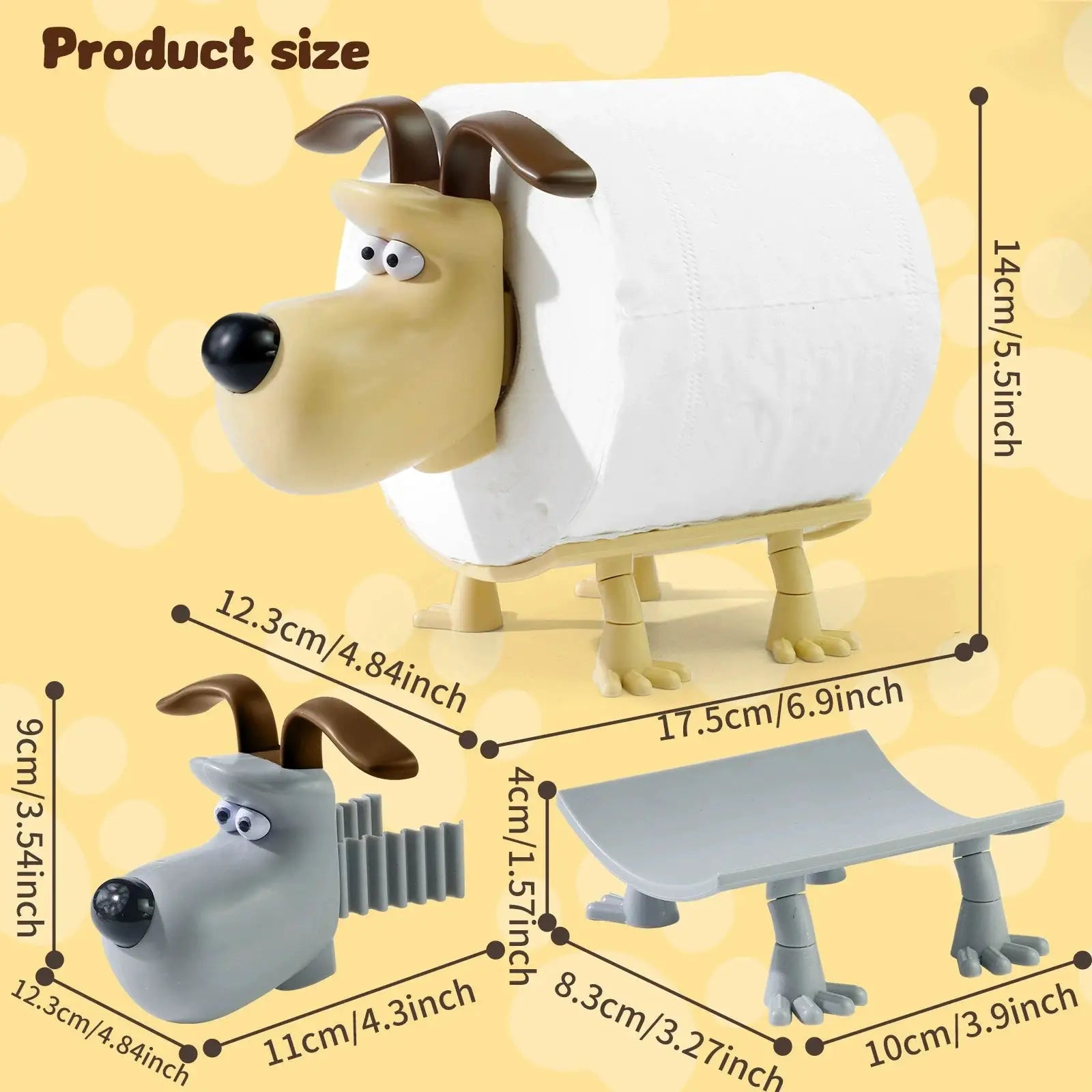 Simples Market dog-themed toilet paper holder set; beige dog with roll plus two gray animal-shaped holders