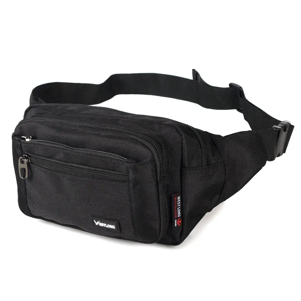Westlong black nylon waist pack with multiple zip pockets and adjustable strap