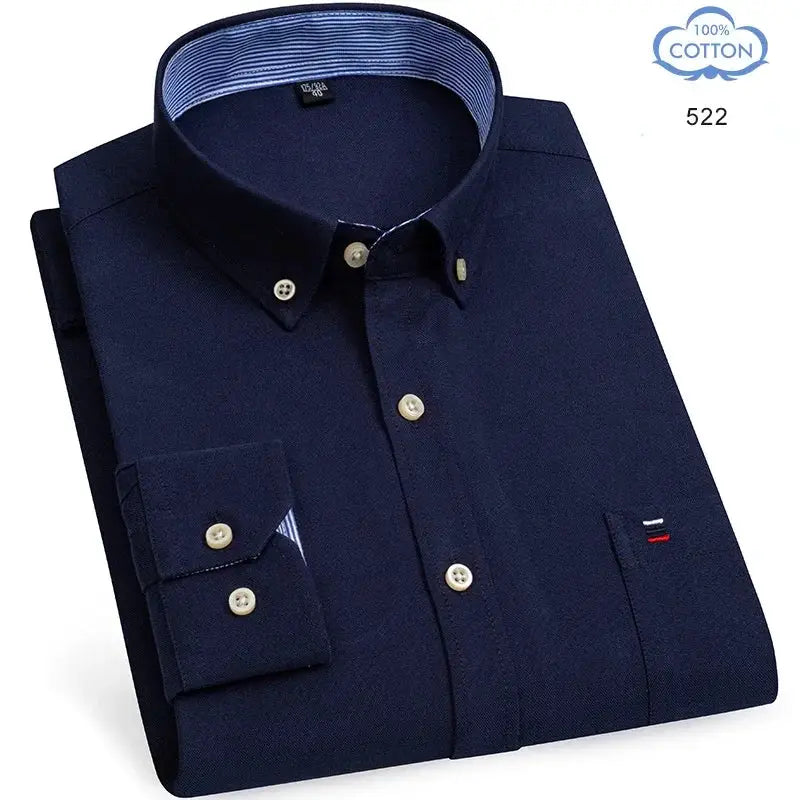 Men's navy 100% cotton oxford shirt by Simples Market, long sleeve with button-down collar, beige buttons, front pocket.