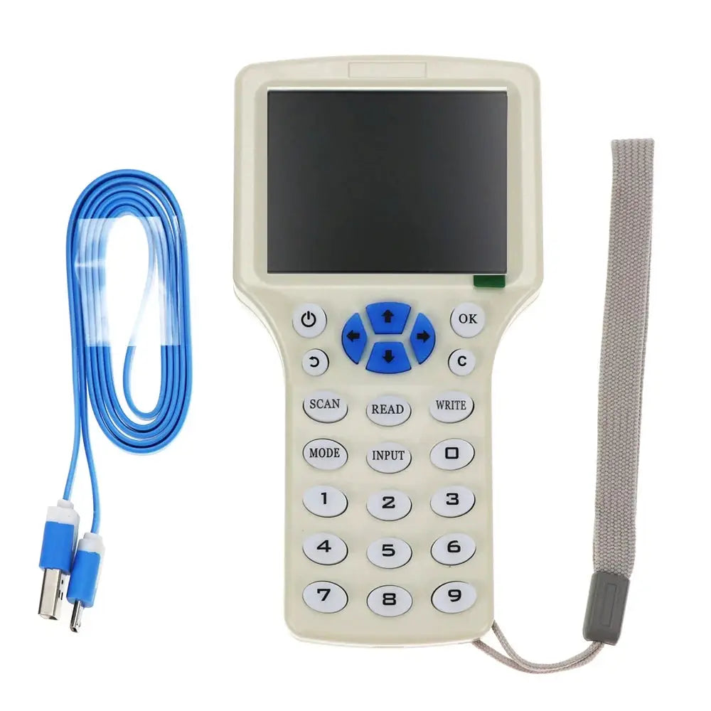 Simples Market NFC RFID card reader writer duplicator handheld device with 125K/13.56MHz, blue arrow keypad, USB cable