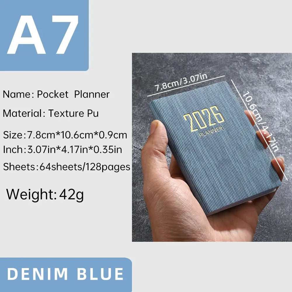 Pocket planner with denim blue textured PU cover, A7 mini size, 64 sheets/128 pages, compact daily schedule book.