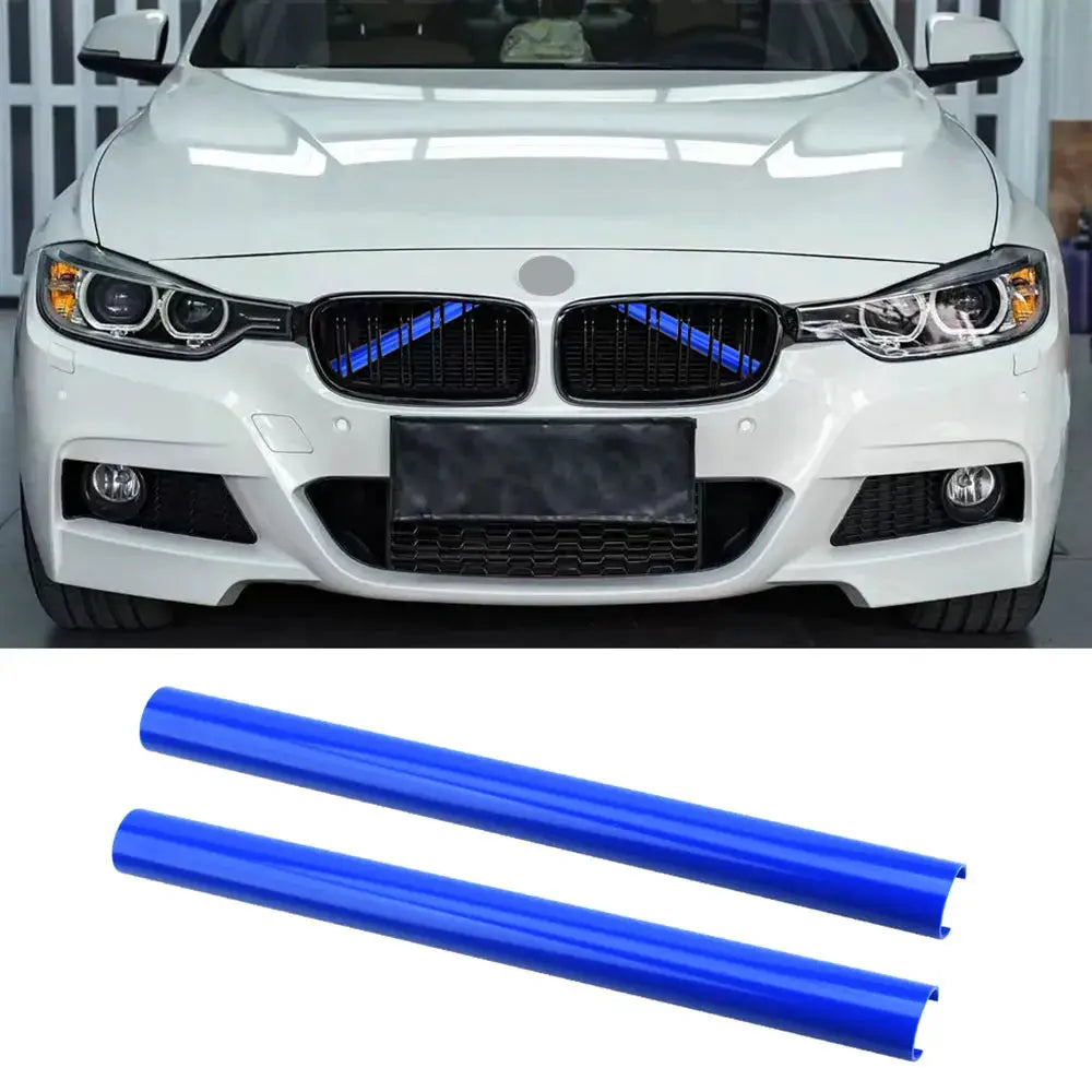 2pcs blue BMW front grille trim strips V-brace M Sport styling