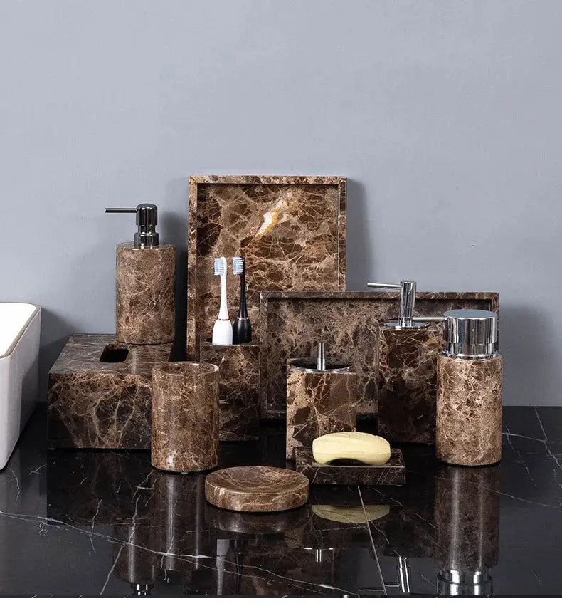 Emperador Dark brown marble bathroom set by Simples Market including toothbrush holder, soap dispenser, and soap dish