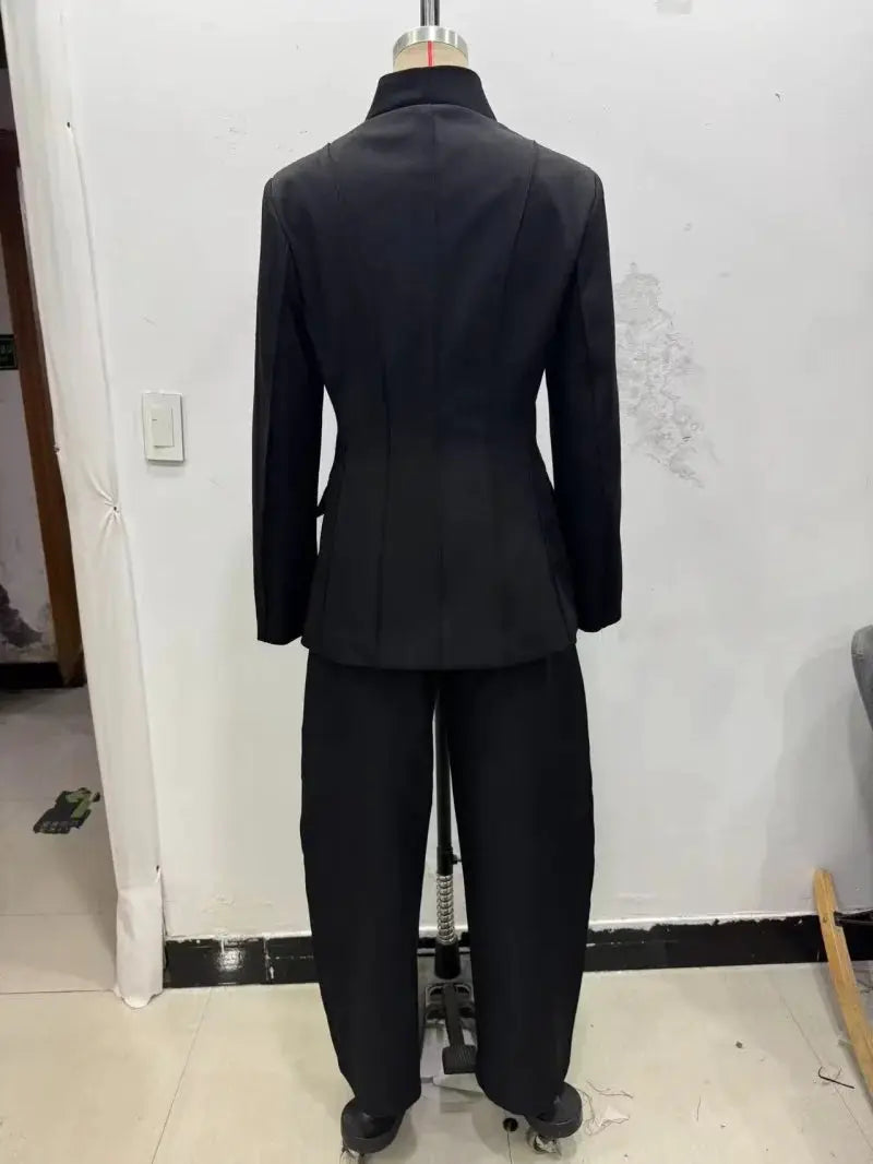 ETJ 2025 women's black slim-fit suit jacket and matching trousers, high collar, 2-piece set