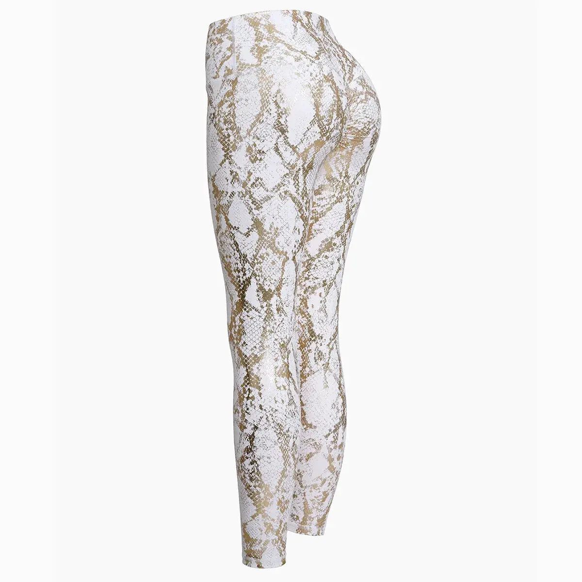 Snake print yoga pants for women by Simples Market, white and gold high-waist stretch leggings