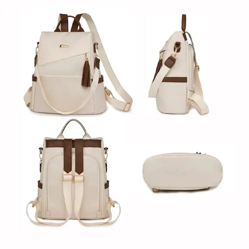 Simples Market nylon anti-theft backpack in beige with tassel decor and brown accents, large-capacity travel/school bag