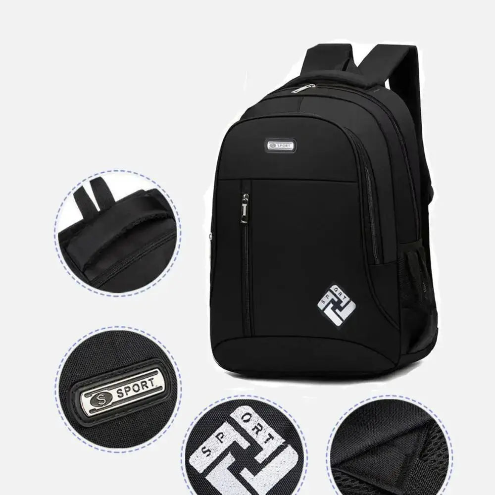 Backpack for Men by Simples Market, black multifunctional waterproof notebook backpack with sport logo patches