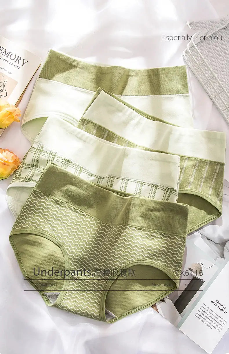 4-pack cotton women's panties, high-waist body-shaper briefs in olive and white prints