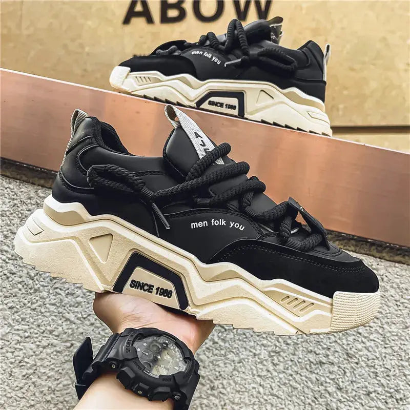 Men's casual sneakers, black low-top skate shoes with beige chunky sole, 2 pairs shown, Simples Market