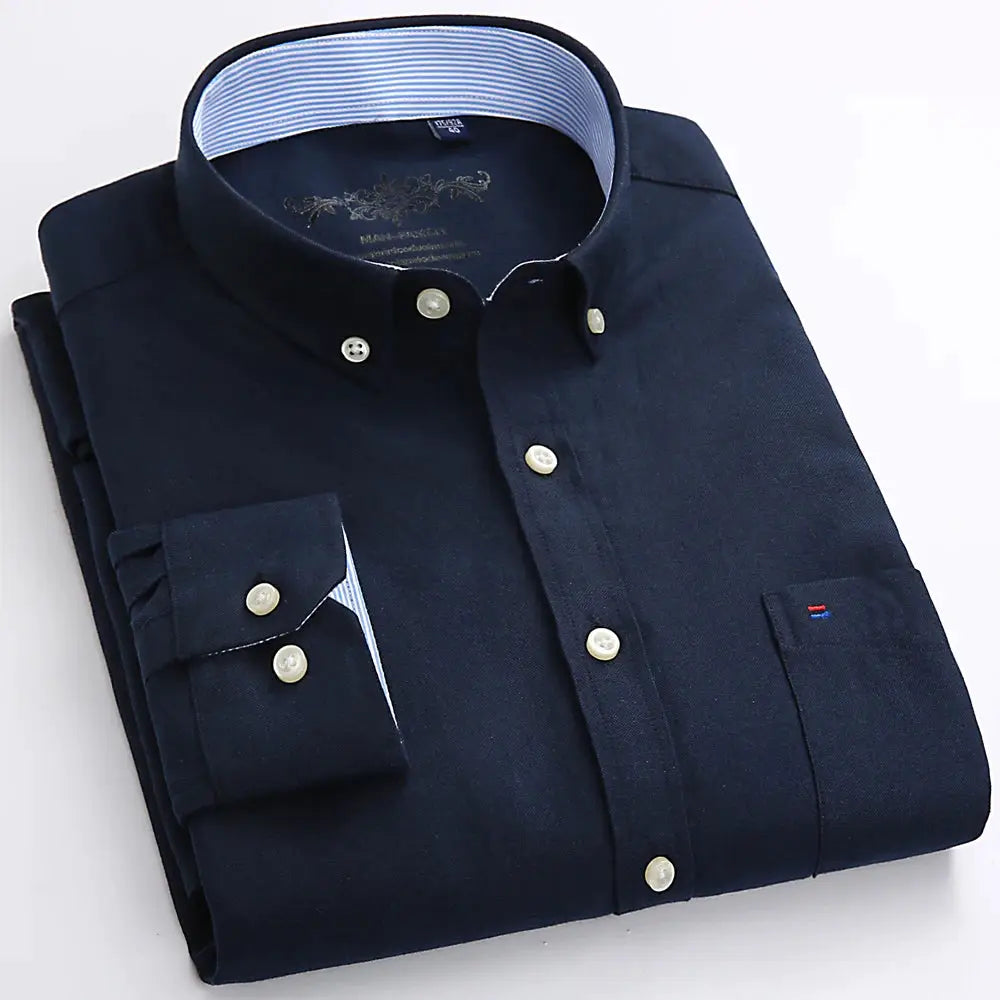 Simples Market men's navy long-sleeve Oxford work shirt with single chest patch pocket, button-down, regular-fit