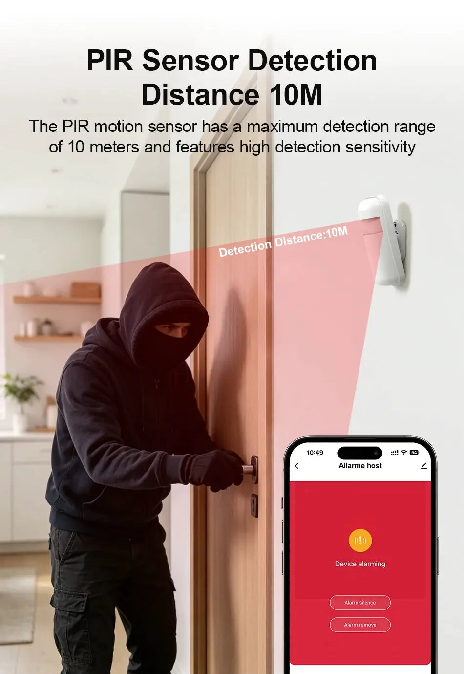 PGST wireless alarm system with PIR sensor, 4G/2G WiFi GSM, Simples Market, shown with smartphone app