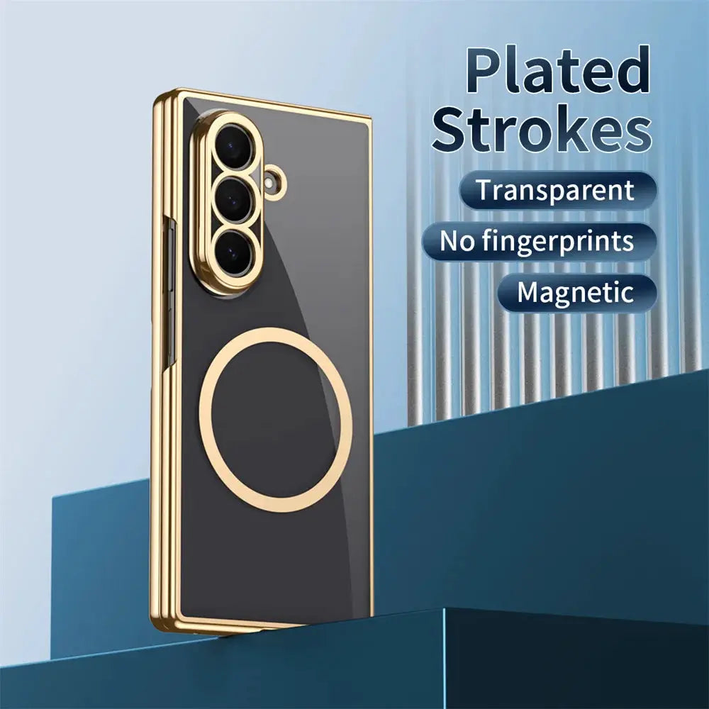Simples Market HD Clear Magnetic Case for Samsung Z Fold 7/6/5/4/3 with gold-plated frame and clear back