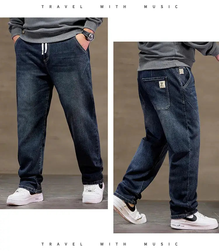 Simples Market men's extra large jeans with high-elastic waist, baggy dark blue denim; front and back views.