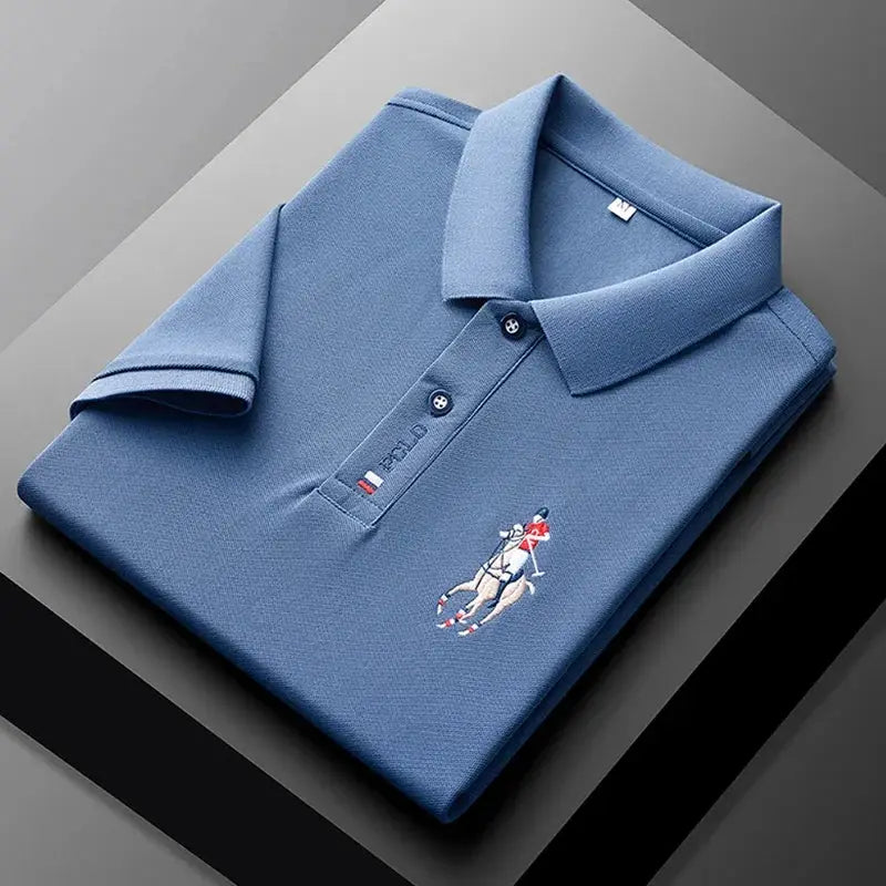 Men's blue polo shirt with embroidered rider logo on chest, short-sleeve casual summer top for everyday wear.
