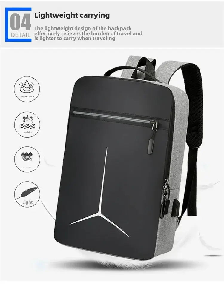 Simples Market anti-theft laptop backpack with grey EVA shell and black front, USB waterproof pocket, padded straps