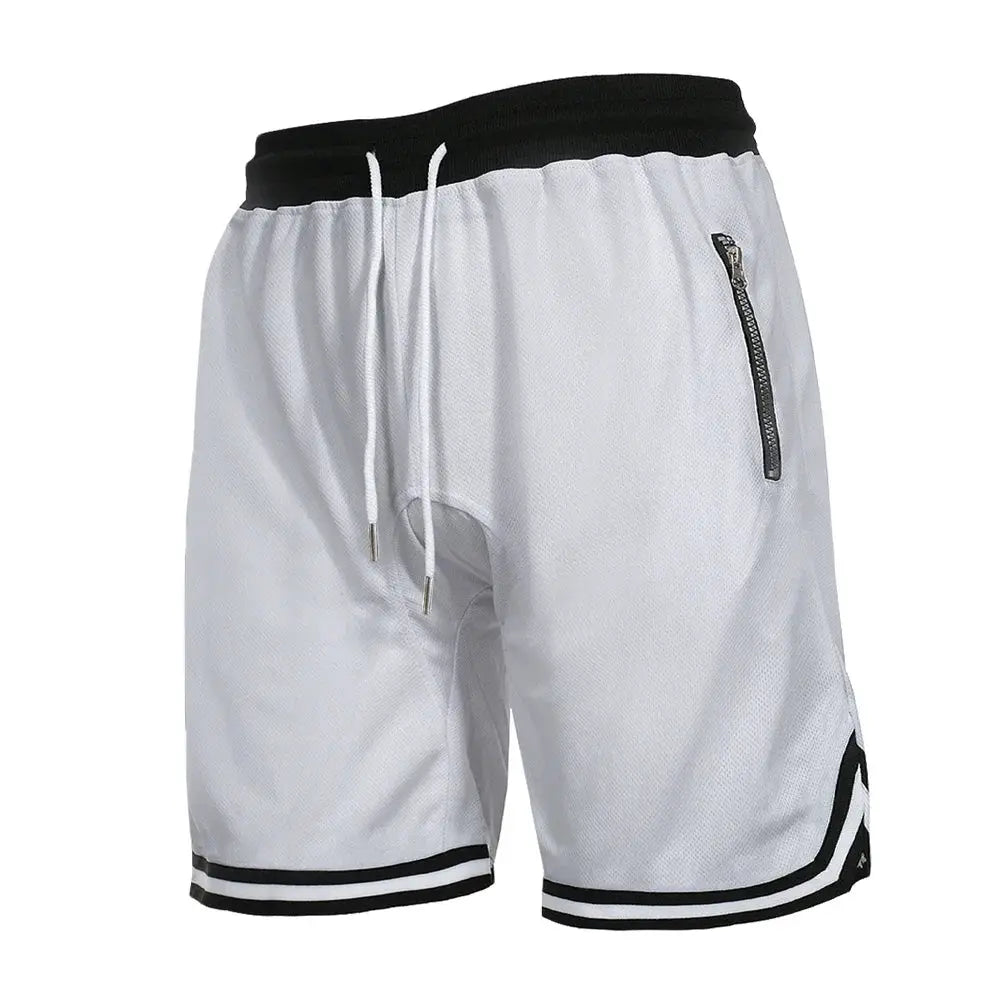 Men's white mesh basketball shorts with black waistband, drawstring, zip pocket, striped hem; Simples Market