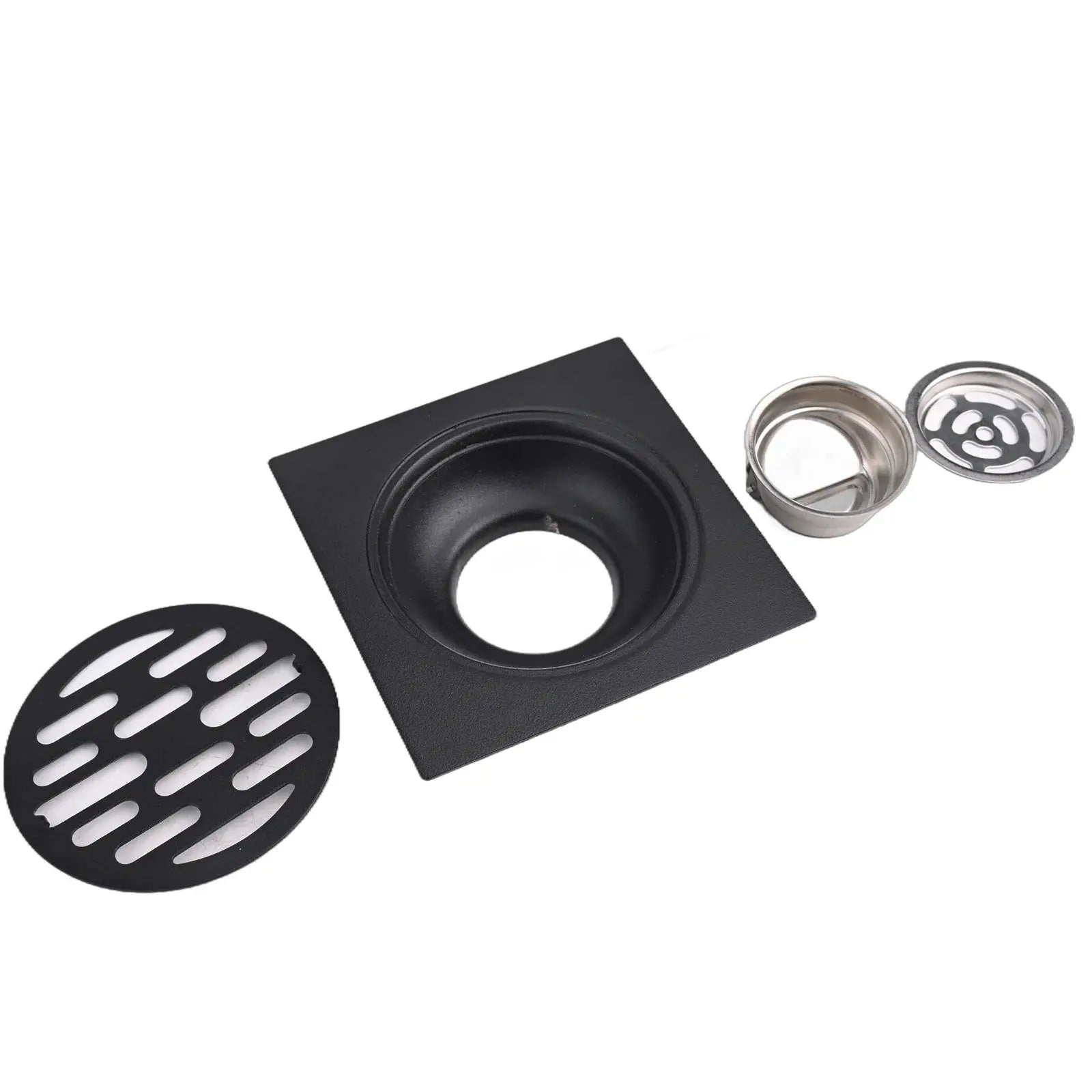 Shower floor drain backflow preventer set (1pc), stainless steel with square black base and metal components