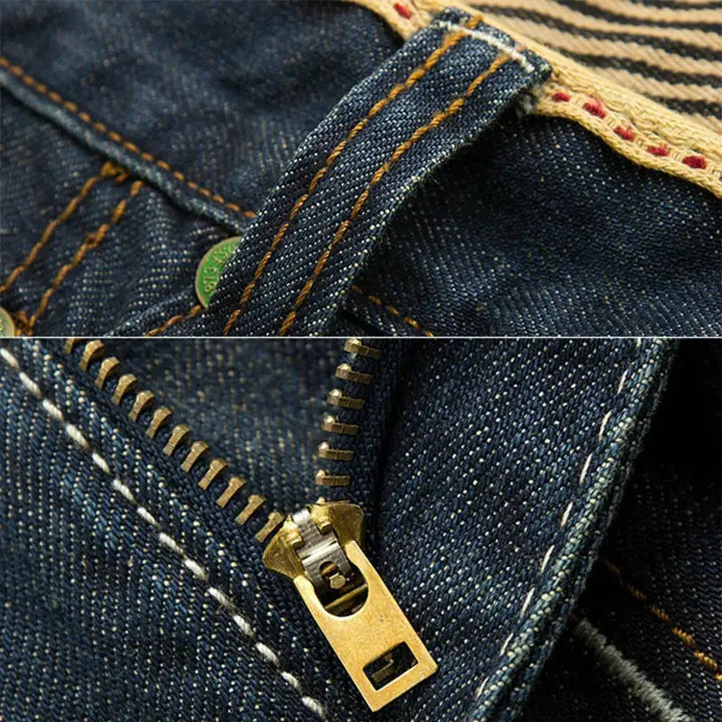 Men's denim jeans by Simples Market, blue stretch denim with gold zipper and orange stitching.