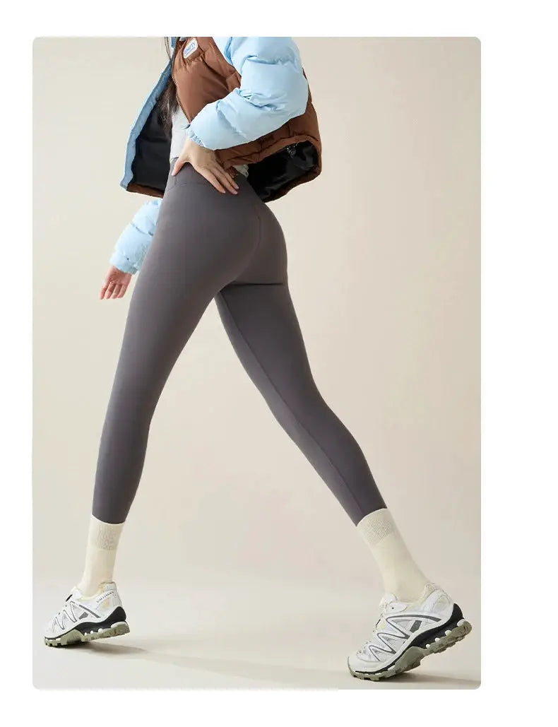 BIVIGAOS fleece-lined leggings for women in gray sharkskin fabric, thick warm tights