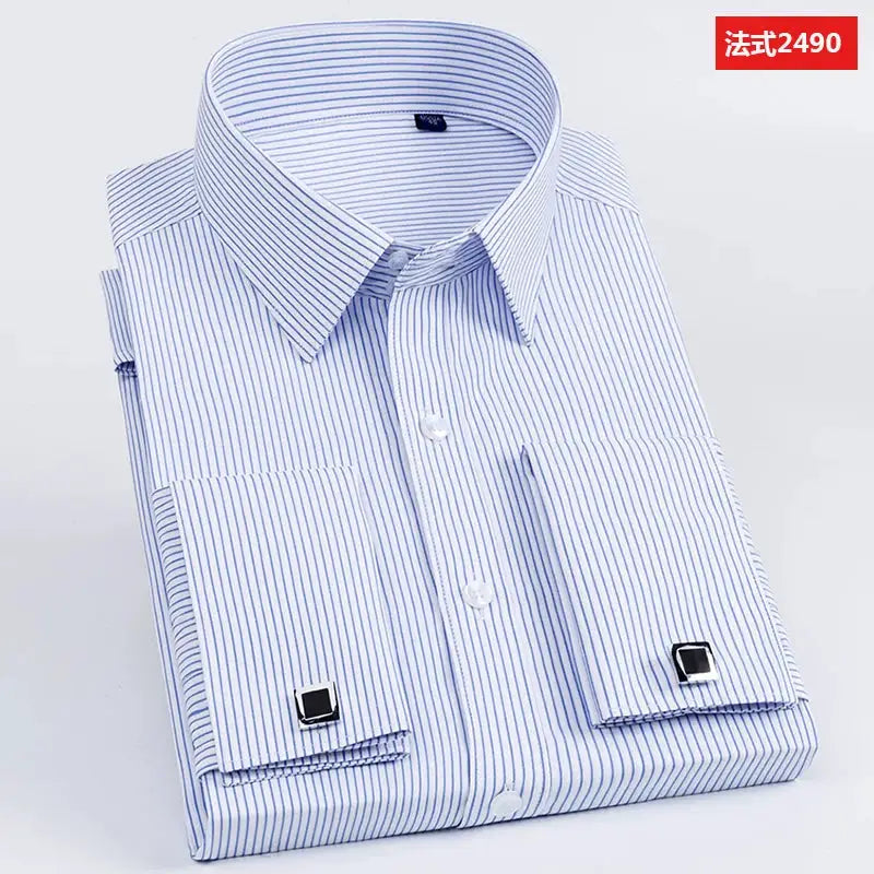 Men's striped dress shirt with blue pinstripes and French cuffs with square cufflinks