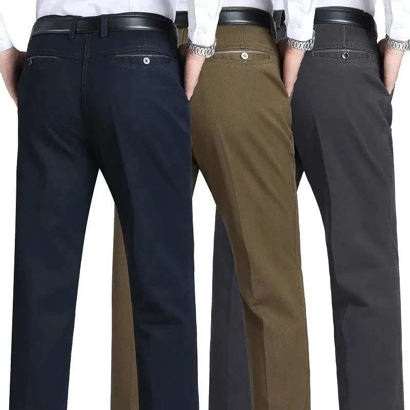 Set of three men's 100% cotton office pants in navy, olive, and gray; high-waist, straight loose-fit slacks