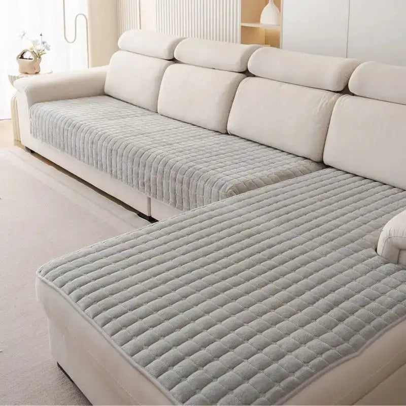 Plush quilted sofa seat cushions cover in grey, non-slip universal fit for living room sectional sofas.