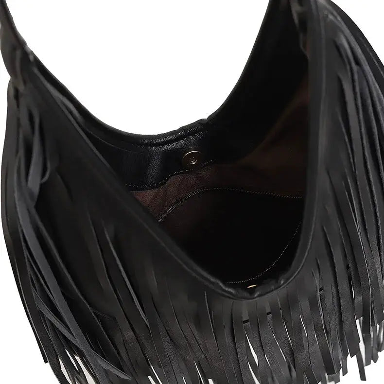 Long tassel black fringe handbag with soft PU leather, women's shoulder tote.
