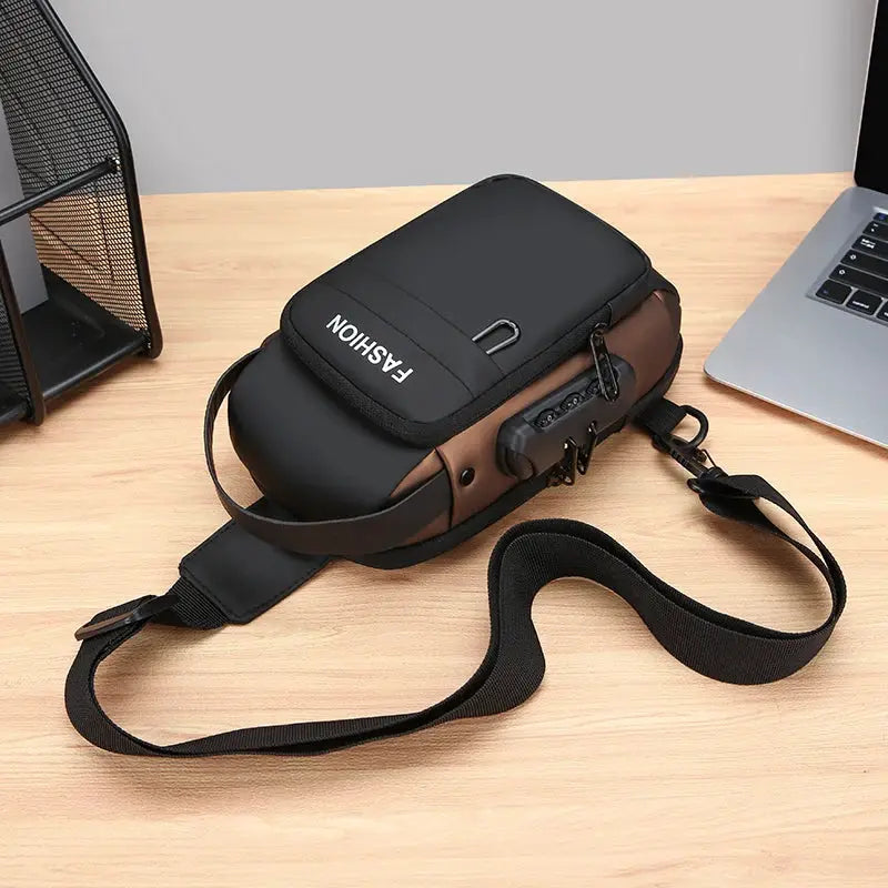 Men's anti-theft chest bag, black crossbody with USB charging pocket