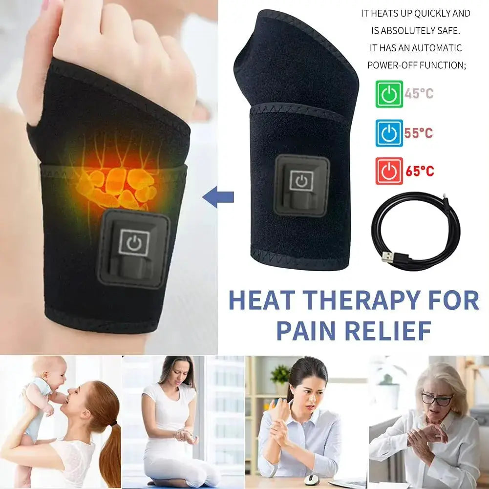 Electric heated wrist brace by Simples Market with adjustable black strap and USB cable; three heat settings up to 65°C.