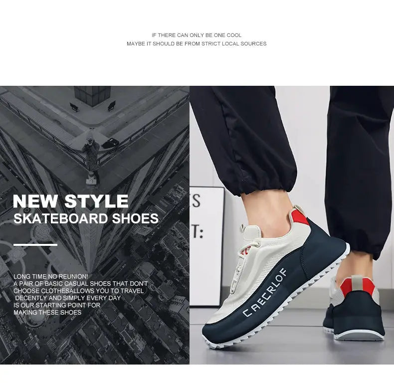 Simples Market men's lightweight breathable running shoes with white upper, black sole, red heel tab