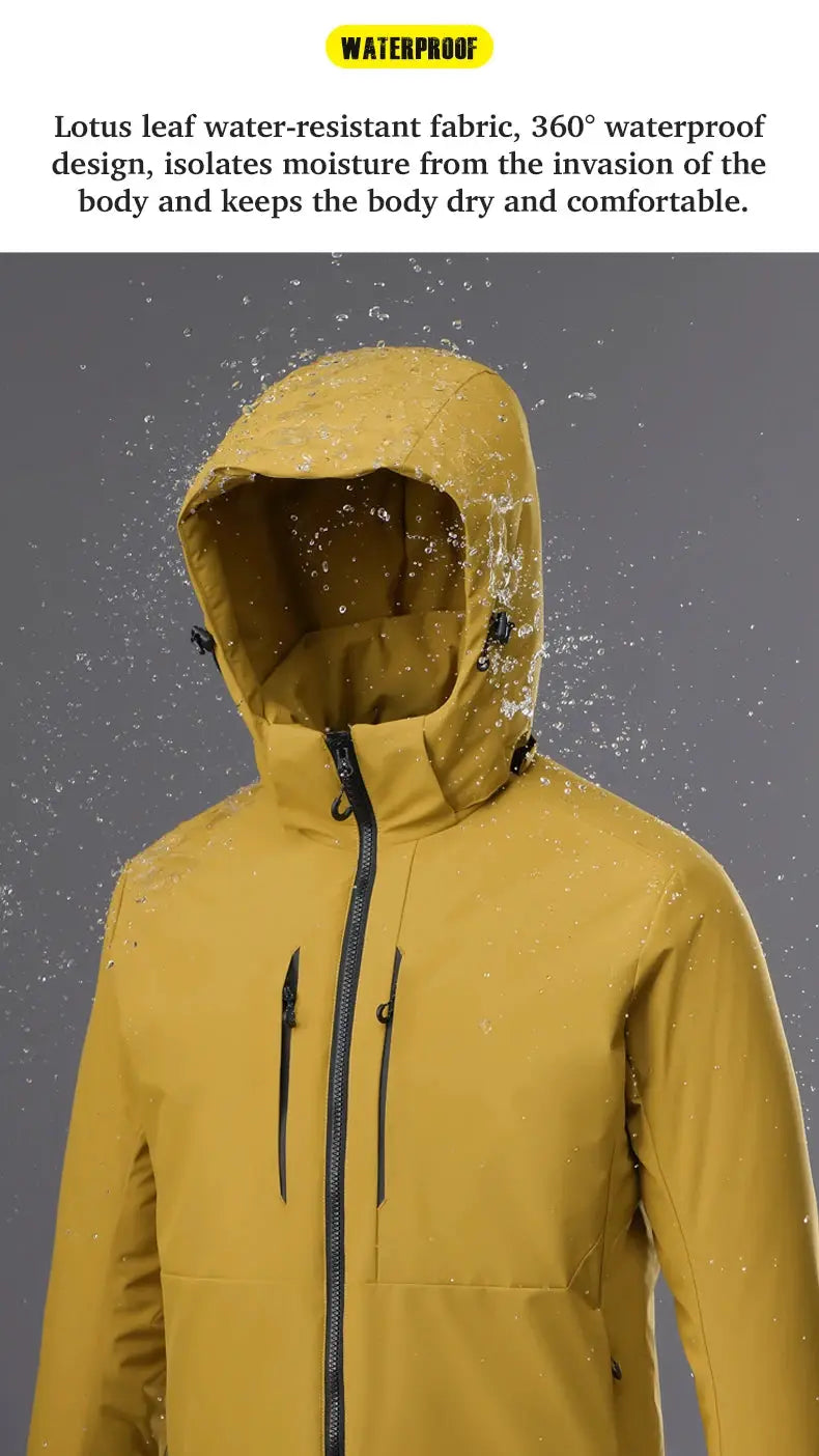 JNLN unisex waterproof hooded jacket in yellow with front zipper and chest pockets.