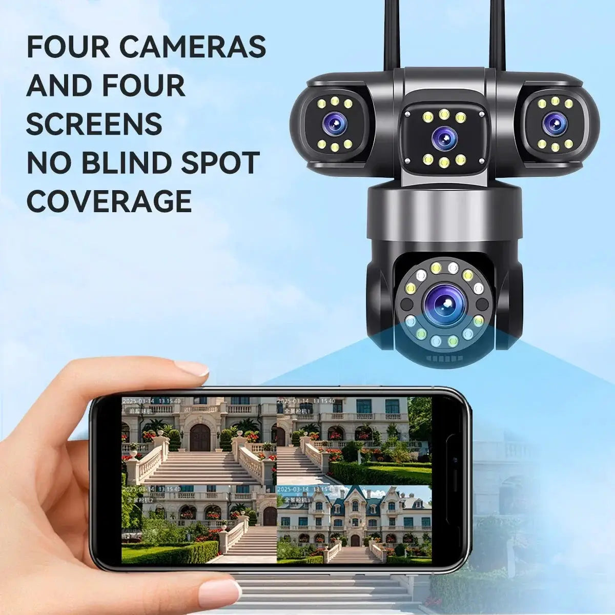 Simples Market four-camera outdoor WiFi security system with four-screen mobile view, 360° coverage and 16x zoom