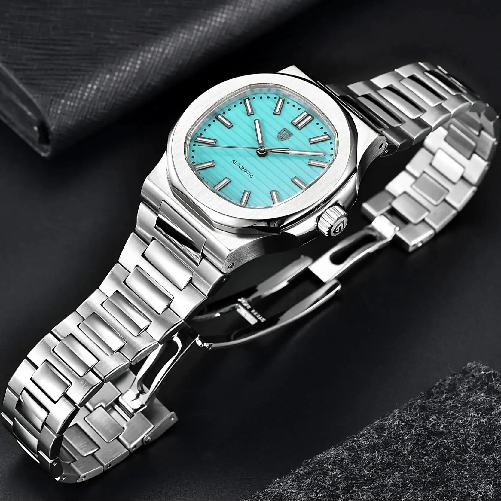 PAGANI DESIGN 40mm men's stainless steel automatic watch with turquoise dial