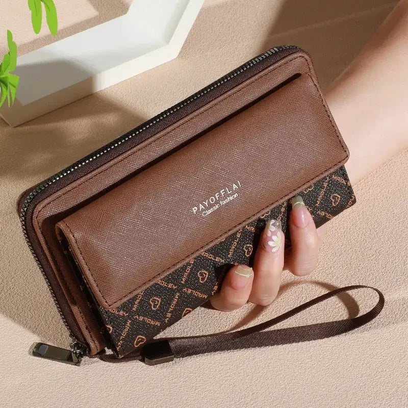 Men's wallet in brown faux leather with double-layer design and zip closure