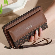 Simples Market classic men's faux leather wallet, double layer with snap closure and zip, brown color-block design