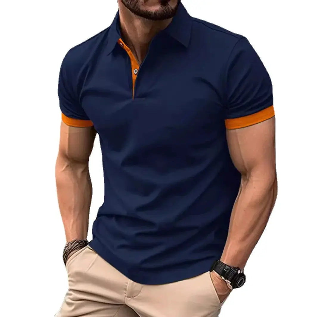 Simples Market men's navy polo shirt with orange contrast trim, lightweight short-sleeve top