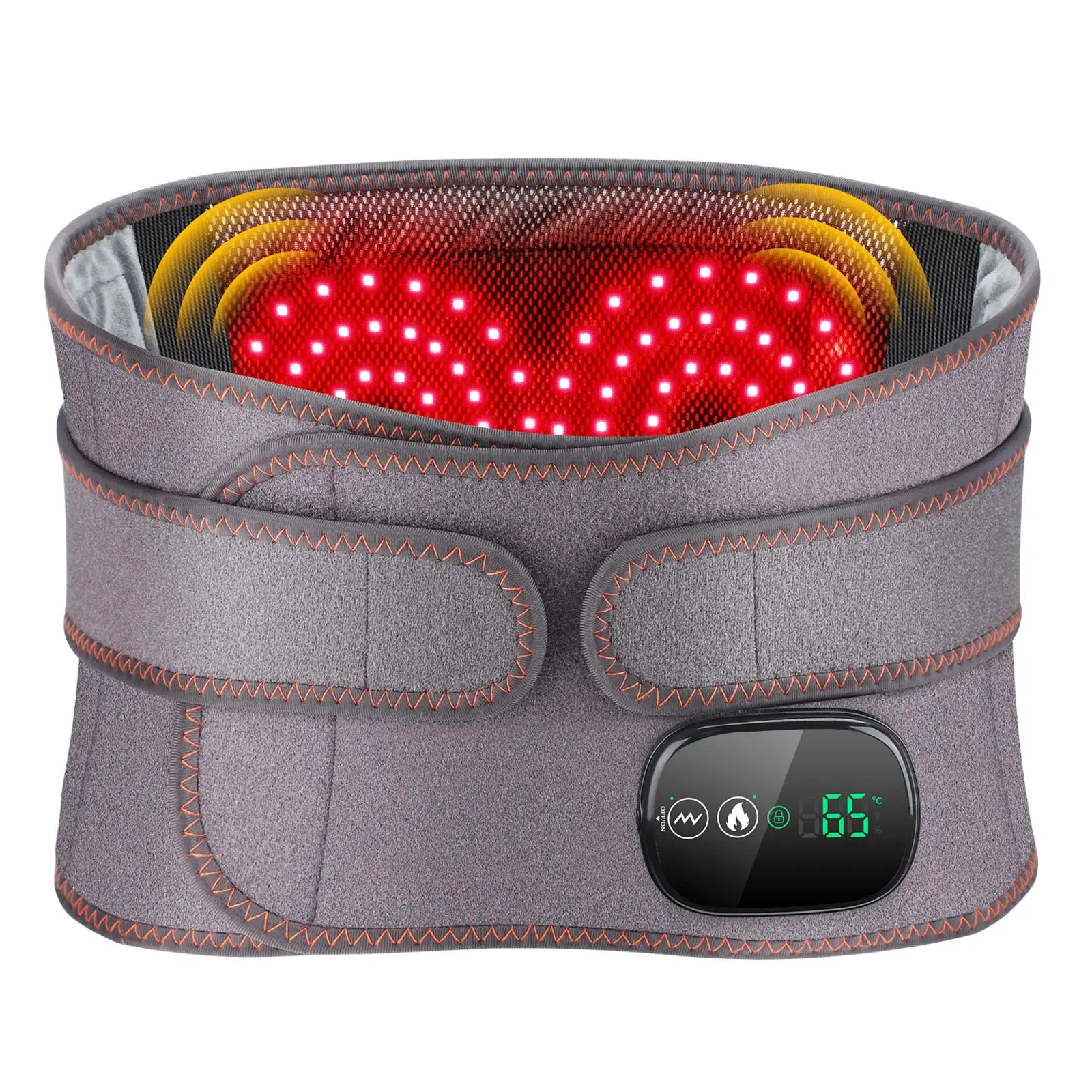 Simples Market electric heating waist massager belt, gray suede with orange stitching and 3 gear settings