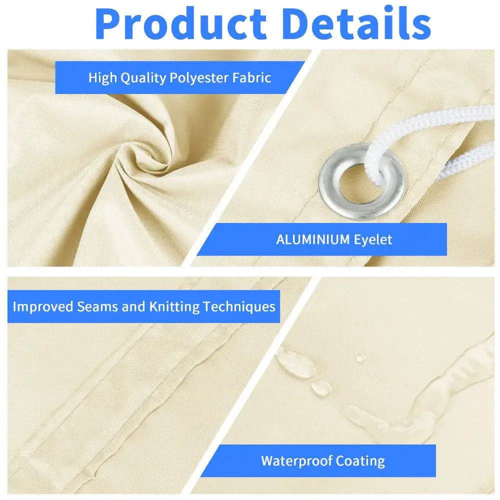 Sun shade sail fabric; beige waterproof outdoor canopy with aluminium eyelets and reinforced seams