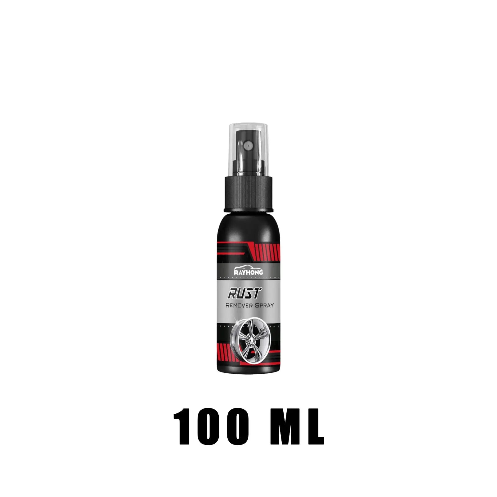 Rust remover spray bottle by Rayhong; black bottle with red and gray label, 100 ml.