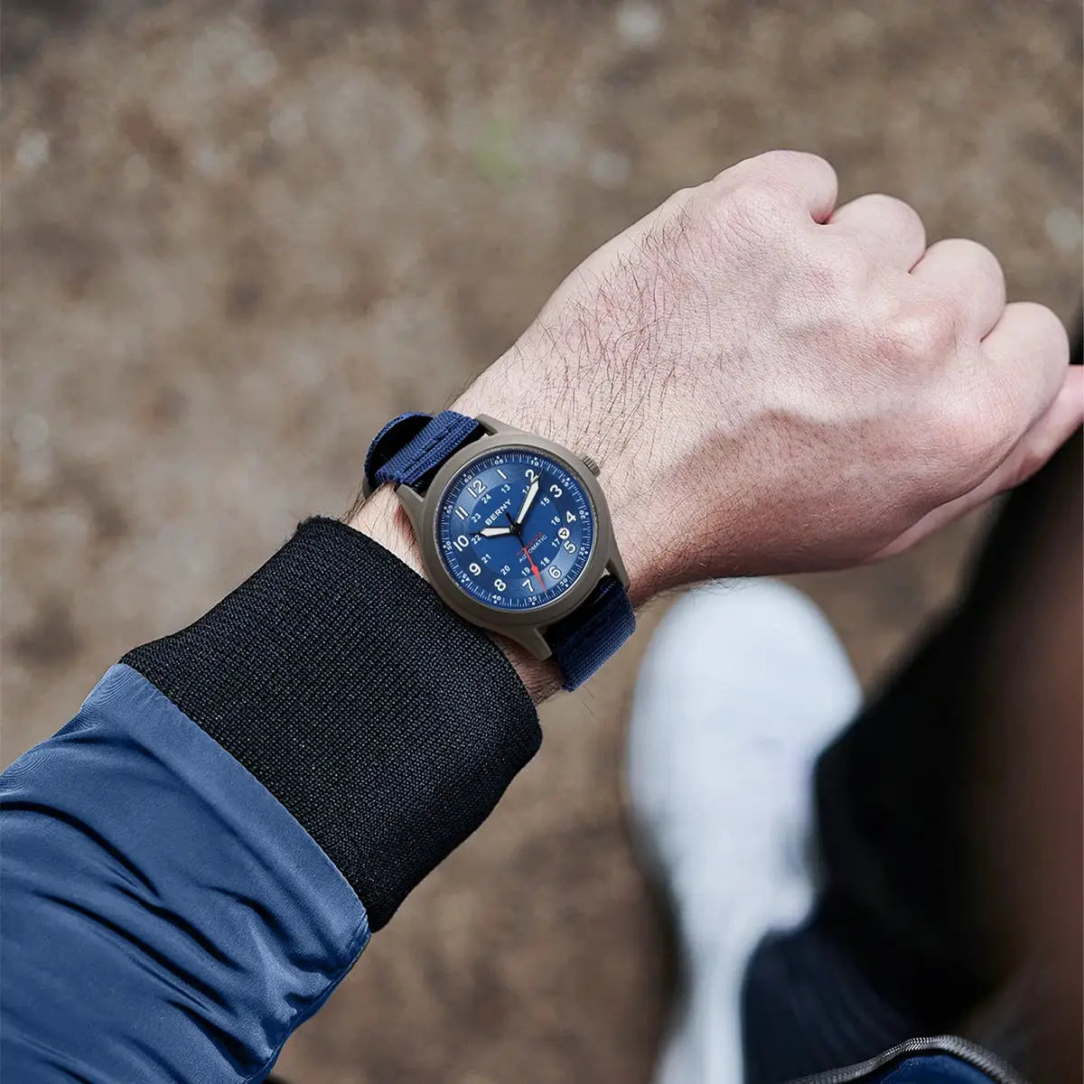 BERNY titanium automatic field watch with blue dial and navy fabric strap